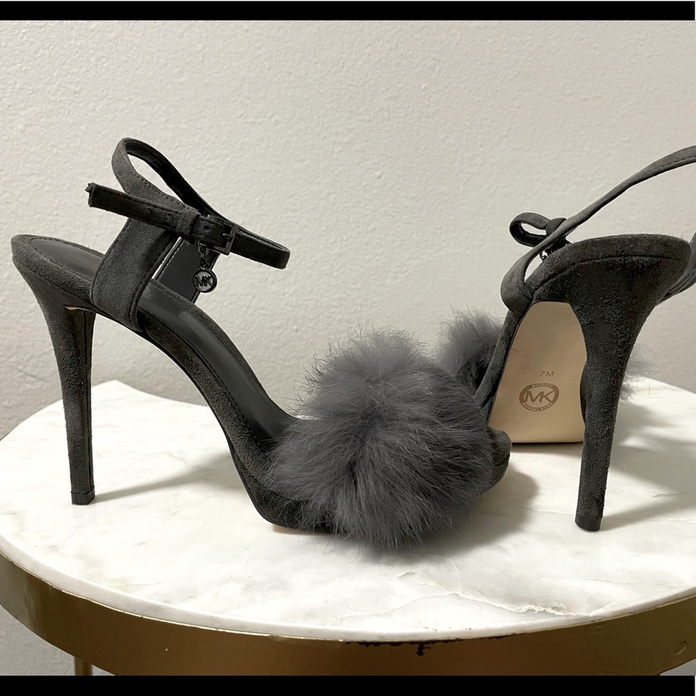 Michael Kors Grey Rabbit Fur Open-toe Suede Heels